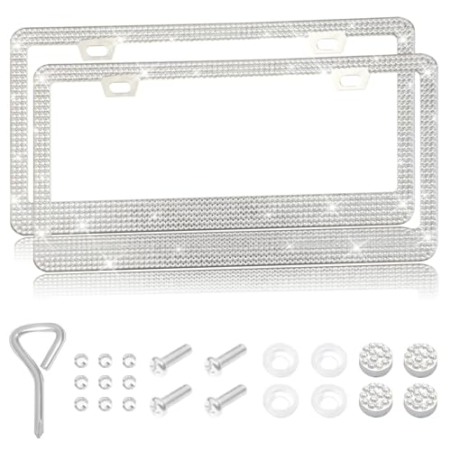 2 Packs Bling License Plate Frames, Bedazzled Sparkly Cute Water Diamond Stainless Steel，Car Accessories with Diamond Sparkle Glitter Caps，Suitable for Both Men and Women(White) - color: White, size: 2