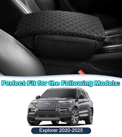 Center Console Cover for Ford Explorer Arm Rest Lid, Diamond Quilted Armrest Pad with 1-Inch Comfort Lift (2020-2026)