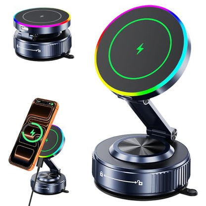 for MagSafe Car Mount Charger[15W Wireless Fast Charging], Car Vacuum Magnetic Phone Holder[120LBS Ultra Suction Cup & 3000gf Magnet ], Adjustable Suction Phone Mount for Your Car for iPhone 17-12