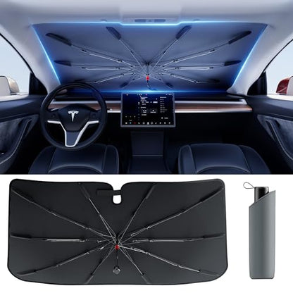 DMJN Umbrella Windshield Sun Shade - Medium, Car Sunshade for Front Windshield [Nano Ice-Crystal Coatings] UPF50+ Heat & UV Block, Protect Interior & Keep Cooler Universal for Car, SUV, Truck - size: Medium(57"l X 31"w)