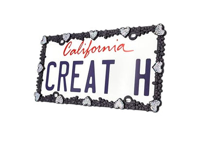 Creathome 3D Shining Daisy Heart License Plate Frame from Pure Zinc Alloy Metal Perfect Plate Holder, Matt Black with Silver Glitter Luminously Heart - color: Matt Black with Silver Glitter, Luminously Heart