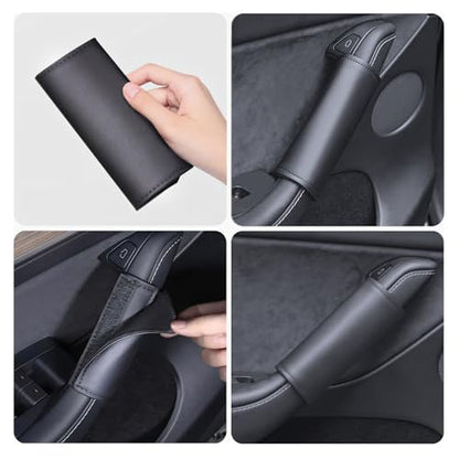 4PCS Door Handle Cover Compatible with Tesla Model Y 2020-2026 & Model 3 2020-2026 Anti-Scratch Door Handle Protector Grab Leather Soft Handle Plate for Model Y or Model 3 Accessories