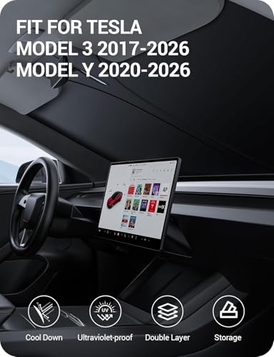 BASENOR 2017-2026 Tesla Model Y Model 3 Windshield Sunshade, (Proprietary Design) Folding Front Window Sun Shade Full Cover, Heat UV Protection Visor Accessories - size: Model 3/Y Standard