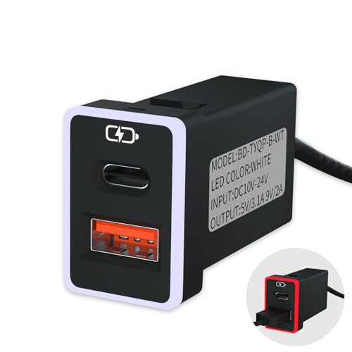 B&DOG XSIN Car Charger,for Toyota Rav4 Corolla Prius Type-C USB Port Socket,QC3.0 Fast Charge,Charging with Light Turn red.Show,Compatible with Smartphones and Tablets,etc.（White/Red-1.3x0.9inch） - color: White/Red