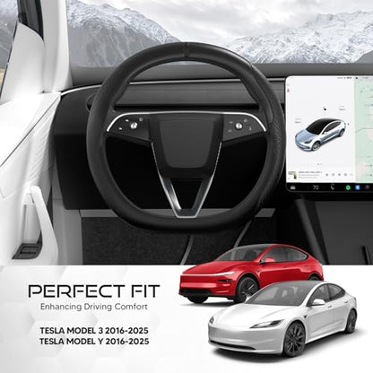 Ultra-Thin Nappa Leather Steering Wheel Cover for Tesla Model 3/Y 2016-2025, Non-Slip Textured Breathable Tesla Model 3/Y Steering Wheel Protector - color: Carbon Fiber