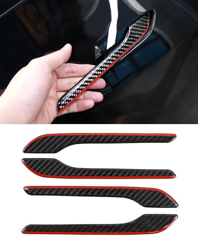 KKTR-CAR Door Handle Cover, Real Glossy Carbon Fiber Door Handle Trim Protector Set Compatible with Tesla Model y/Model 3 2017-2025 Black and red with drip (4 Pieces) - color: Real Glossy Carbon Fiber-Black and red