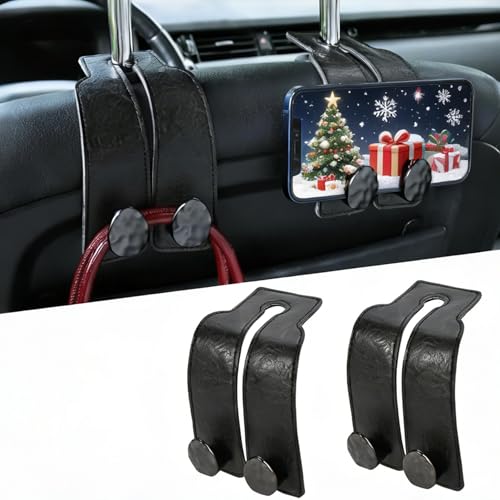 2PCS Leather Car Seat Hooks for Headrest, Vehicle Hanger Storage Organizer Universal for Handbag Purse, Car Accessories Gift (Black-Black) - color: Black-Black