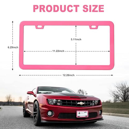 Pink License Plate Frame, Premium Fashion Matte Aluminum Alloy Holder with 2 Holes, 2 Pack Waterproof Rust-Proof Universal Car Frame for Women, Including Screws, Caps and Rattle Proof Pads - color: Pink