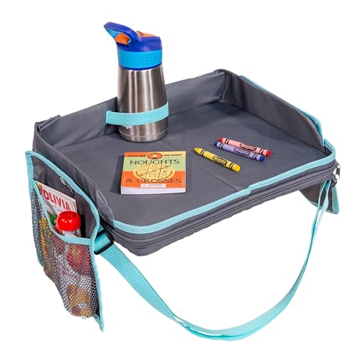 J.L. Childress 3-IN-1 Kids Travel Tray & Tablet Holder - Car Seat Lap Tray Desk for Toddlers, Road Trip Essentials, Car Seat Activity Table, Travel Accessories - Grey/Teal - style: Grey/Teal