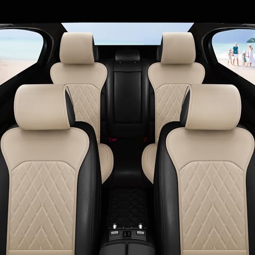 Sanwom Front Car Seat Covers - Leather Seat Covers with Storage Pocket and Two Belt Pads, Anti-Slip Waterproof Universal Seat Covers for Cars Fit Cars Trucks SUV(Beige,2 Pack) - color: Beige Yellow