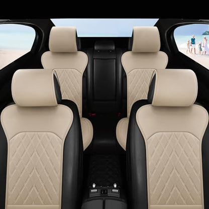 Front Car Seat Covers - Leather Seat Covers with Storage Pocket and Two Belt Pads, Anti-Slip Waterproof Universal Seat Covers for Cars Fit Cars Trucks SUV(Beige,2 Pack) - color: Beige Yellow