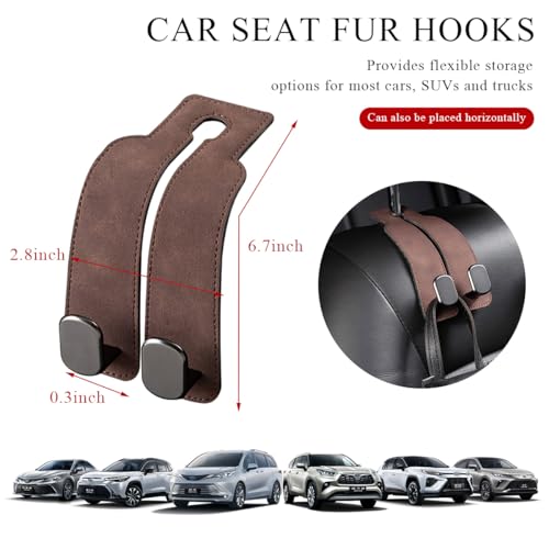 2 PCS Car Seat Headrest Hook, Back Seat Hanger with Double Flexible Leather Hooks, Soft Leather Double Headrest Metal Hooks Purse Handbag Organizer, Car Accessories (Brown) - color: Brown