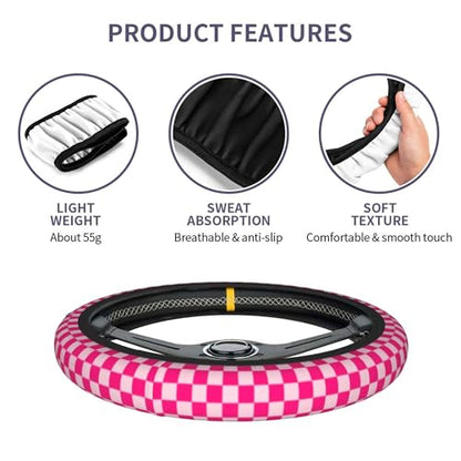 Chessboard Pink Steering Wheel Cover Pink Chessboard Steering Wheel Cover Racing Flag Breathable Universal for 15 Inch Anti-Slip Car with 2 Pieces Car Coasters Suitable for Men Women Chessboards - color: Chessboard pink
