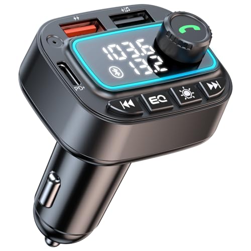 Bluetooth 5.3 Car Adapter FM Transmitter, 42W (PD30W & 12W) USB C Car Charger Wireless Radio Receiver, Hands-Free Calling MP3 Audio Player Cars Kit, Light Switch & Fast Charging & Deep Bass (Black)