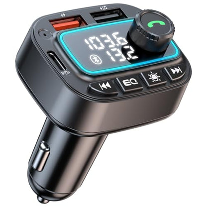 Bluetooth 5.3 Car Adapter FM Transmitter, 42W (PD30W & 12W) USB C Car Charger Wireless Radio Receiver, Hands-Free Calling MP3 Audio Player Cars Kit, Light Switch & Fast Charging & Deep Bass (Black)