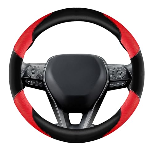 Soft Leather Steering Wheel Cover with Breathable Design and Anti-Slip Grip, Specially Designed for 14.5-15.2 inch Circular Steering Wheels - color: DOUBLE-RED