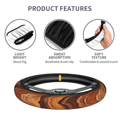 Wood Steering Wheel Cover Elastic Non-Slip Car Steering Wheel Covers with Seat Belt Shoulder Pad for Women Men - color: Wood