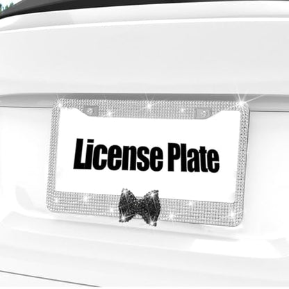 Bling Car License Plate Frame for Women, 2PCS Crystal Rhinestone Stainless Steel Vehicle Plate Holder, Glitter Diamond Sparkly Auto Plate Cover Accessories, Universal Fit (White/Black Bow) - color: White/Black Bow