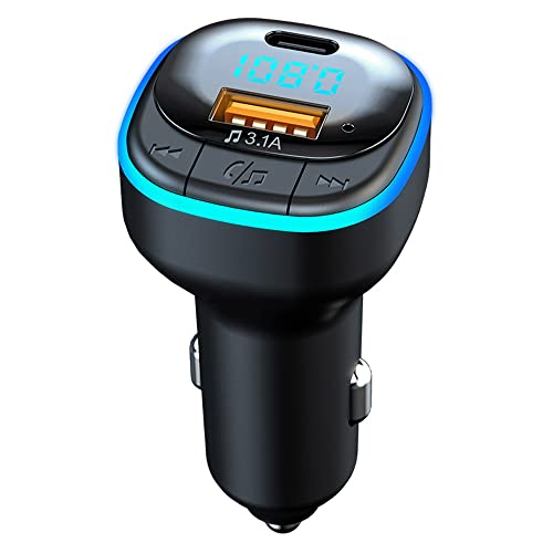 Bluetooth 5.0 FM Transmitter for Car, Hands Free Calling, Built-in Over-Current Protection, 5V/3.1A Quick Charger & Blue Colors LED Backlit Car Radio Bluetooth Adapter, Support USB Disk - size: C33