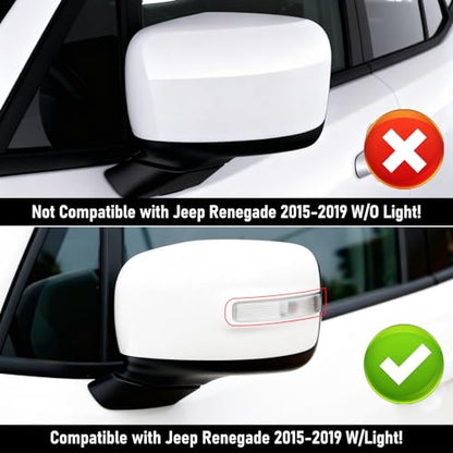 Moonlinks Compatible with Jeep Renegade Left Driver Side Mirror Cover Replacement 2015 2016 2017 2018 2019,White Left Side Clip-on Mirror Cap With Turn Signal Light Replaces for 5UW77TZZAA - color: Left White