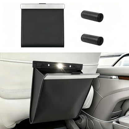 Leather Car Trash Can with Smart LED Light & Magnetic Closure, Hanging Car Trash Bag, Small Car Trash Can, Leak-Proof, Odor-Lock Car Trash Bin for Any Cars, Sedans, SUVs, Trucks, Black