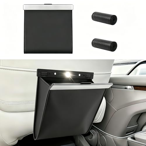 Leather Car Trash Can with Smart LED Light & Magnetic Closure, Hanging Car Trash Bag, Small Car Trash Can, Leak-Proof, Odor-Lock Car Trash Bin for Any Cars, Sedans, SUVs, Trucks, Black