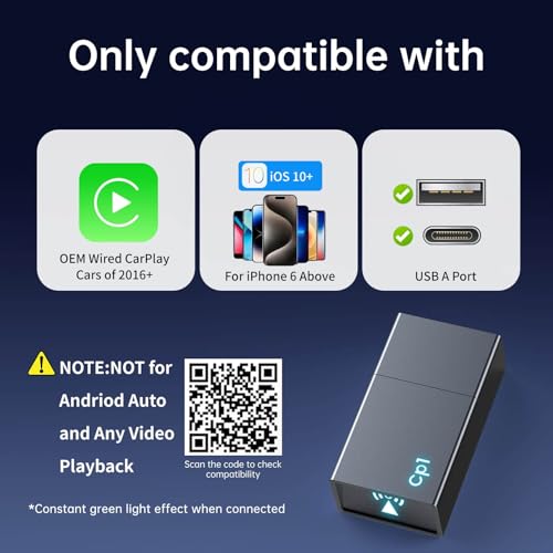 Wireless Carplay Adapter for iPhone - Plug & Play Convert Wired to Wireless CarPlay for Cars from 2016 and iOS 10+, No Latency Mini USB Type A Black