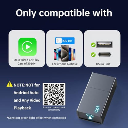 Wireless Carplay Adapter for iPhone - Plug & Play Convert Wired to Wireless CarPlay for Cars from 2016 and iOS 10+, No Latency Mini USB Type A Black