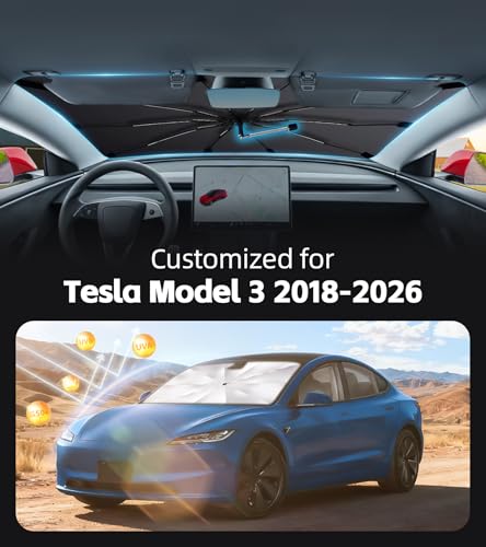 Windshield Sun Shade for Tesla Model 3 2018-2026 with 360° Rotating Shaft, Custom Fit Umbrella Sunshade for UV Blocking, Interior Heat Protection, Easy Storage - size: Fit for Tesla Model 3 2018-2026