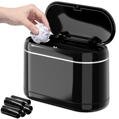 PAVSTINE Mini Trash Can for Desk with 5 Rolls of Trash Bags, Small Press-Top Countertop Garbage Bin, Removable Waste Basket for Bedroom, Vanity, Coffee Table, Kitchen (Black Full-Lid) - color: Black Full-Lid