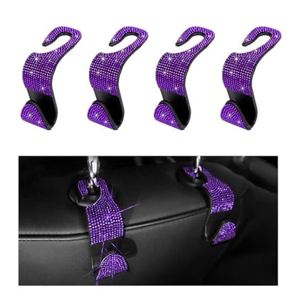 4PCS Bling Car Seat Headrest Hooks, Auto Back Seat Hanging Storage Organizer for Purse Handbag Coat, Rhinestone Vehicle Seat Hanger Holder for Women Girls, Car Accessories (Purple) - size: 4 PCS