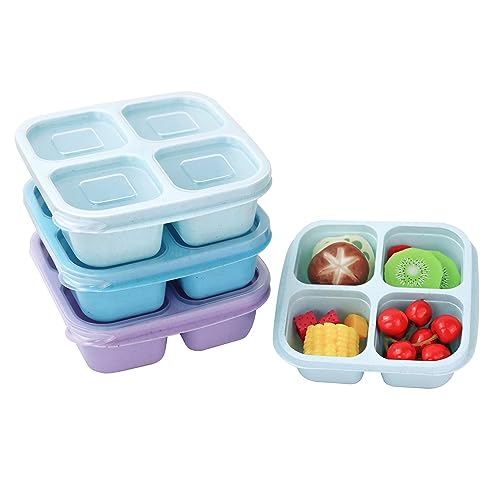 Finorder 3 Pack Wheat Straw Containers, 4 Compartment Reusable Snack Bento Box Toddler, Meal Prep Lunch Box Containers for Kids Adults, Food Containers for School,Office and Travel(Pastel Colored) - color: Wheat straw-3pack