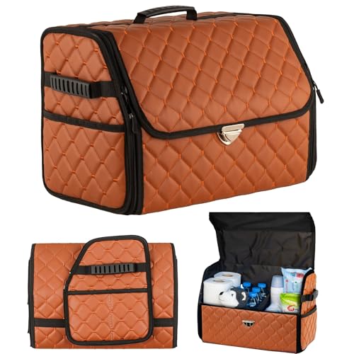 Leather Trunk Organizer with Lid for Suv and more, Foldable Car Organizer, Car Organizers and Storage with Pockets, Non-Slip Design - color: Brown-Black