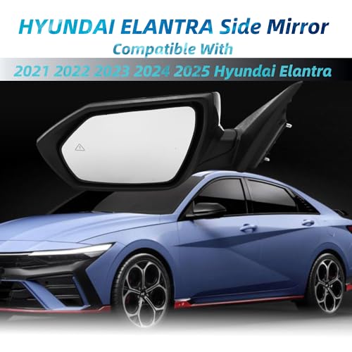 Left Driver Side Mirror Compatiable With 2021 2022 2023 2024 2025 Hyundai Elantra With Heated Power Glass Turn Signals Blind Spot Manual Folding 8Pins Black