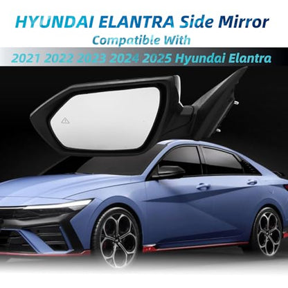 Left Driver Side Mirror Compatiable With 2021 2022 2023 2024 2025 Hyundai Elantra With Heated Power Glass Turn Signals Blind Spot Manual Folding 8Pins Black