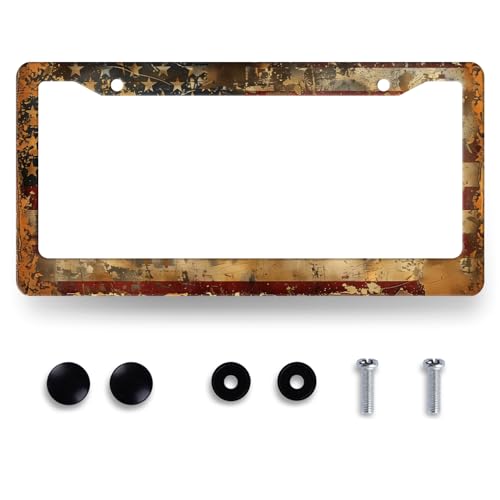 Vintage American Flag License Plate Frame Funny American License Plate Holders Patriotic Stainless Steel Car Bracket 2 Holes with Screws Universal Auto Accessory License Plate Frames 6.2x12.2 Inch - color: Vintage American Flag Funny Flags