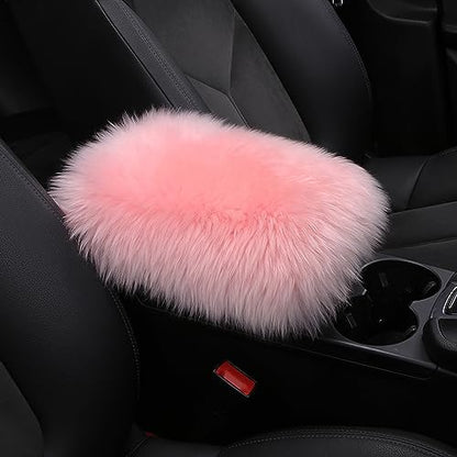Genuine Sheepskin Center Console Cover Pad Genuine Furry Fluffy Wool Fur Car Armrest Cover Protector Universal Fit for SUV/Truck/Car - color: Long Wool-Pink