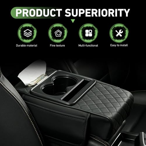 Car Center Console Cover Organizer, Armrest Box Height Increase Cover with 2 Cup Holders & 1 Tissue Bag, Leather Highly Elastic Armrest Box Protector, for Most Vehicles (Black)