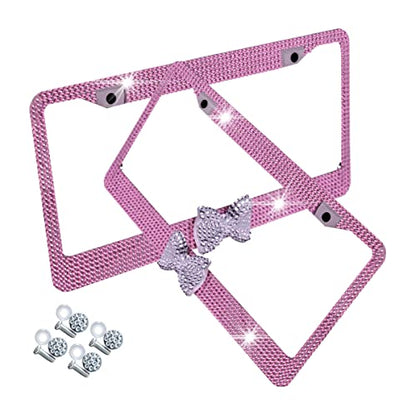 AUCELI Bling License Plate Frame, 2 Pack Stainless Steel Crystal Bow Car Plate Covers, US Vehicle License Bracket Holder with Rhinestone Mounting Bolts, Sparkly Car Accessories for Women (Pink/White) - color: Pink/White