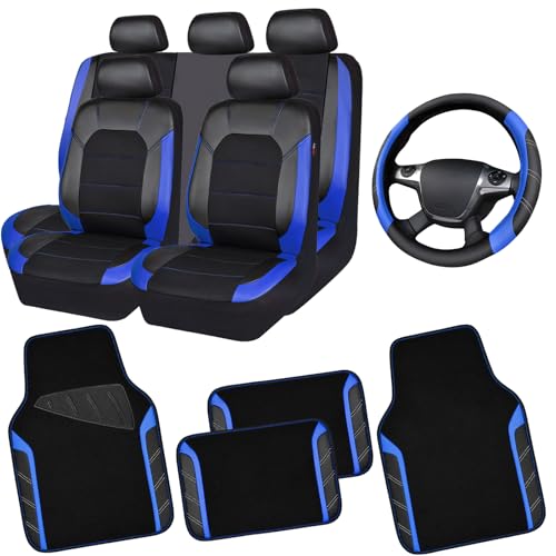 CAR PASS Air Mesh Leather Car Seat Covers Full Set, Waterproof Car Floor Mats, Sporty Steering Wheel Cover 14.5-15in, Universal Fits for 95% Cars Truck SUV (Black and Blue) - color: Blue
