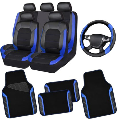 CAR PASS Air Mesh Leather Car Seat Covers Full Set, Waterproof Car Floor Mats, Sporty Steering Wheel Cover 14.5-15in, Universal Fits for 95% Cars Truck SUV (Black and Blue) - color: Blue