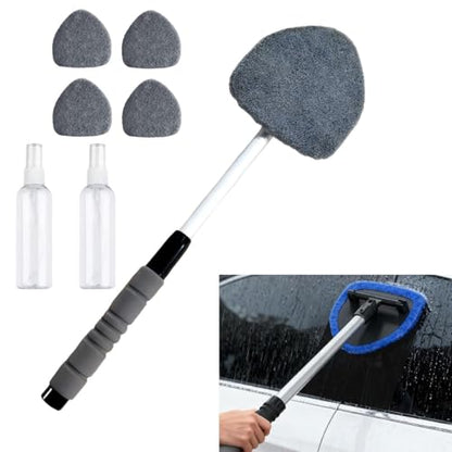 Longer Extendable Windshield Cleaning Tool,Car Window Cleaner Windshield Cleaner and Washable Microfiber Pads with 4 Reusable and 2 pcs Spray Bottles for Car and Home Window (Grey) - color: Grey