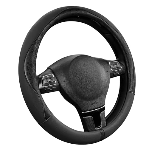 PIC AUTO Steering Wheel Cover, Black Patterned Leather Patchwork Design, Universal Fit 14.5"–15.5", Anti-Slip, Odor-Free, Soft PU Grain Leather, Durable Grip Car Accessory for Girls & Women - color: Black