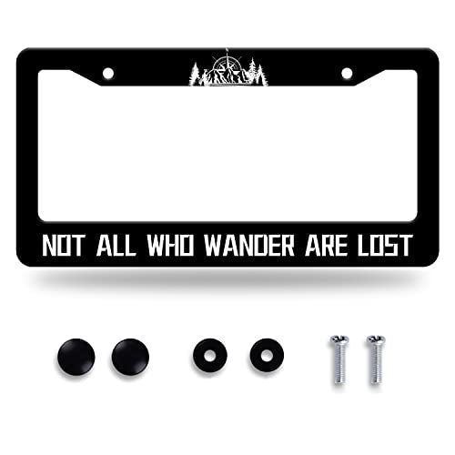 Not All Who Wander are Lost License Plate Frame Mountains Compass License Plate Stainless Steel Auto Parts Funny License Plate Decorative with Screws Size 12.3" x 6.3" Men Women - color: Not All Who Wander Are Lost Compass Mountains