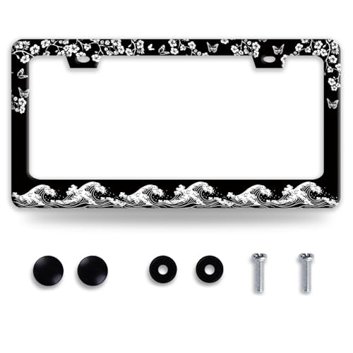 Ocean Waves with Cherry Blossoms License Plate Frame Stainless Steel Floral Wave License Plate Holder Personalized Car Decorative Parts for Standard Us Canada Vehicles 12.3 x 6.3 Inch - color: Waves With Cherry Blossoms Floral