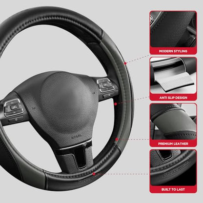 Rubbermaid Steering Wheel Cover – Universal Fit 14.5"–15" Steering Wheel Cover, Anti-Slip Grip, Breathable Leather, All-Season Protection, Interior Upgrade for Cars, Trucks, SUVs - Gray - color: Grey