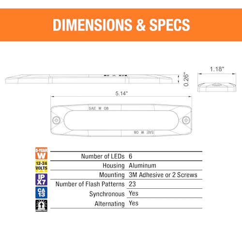 Buyers Products 8892208 5 Inch Amber and Blue LED Strobe Light, Ultra‑Thin Surface Mount Warning Light, 6 LEDs, 23 Flash Patterns, Aluminum Housing, IPX8 Waterproof, for Trucks and Utility Vehicles - color: Amber/ Blue, size: 5"