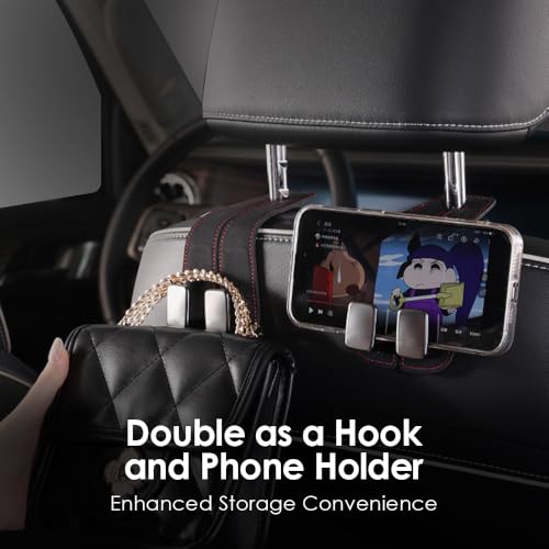 KINIVA Car Seat Headrest Storage Hooks, Set of 2, Suede PU Leather, Double Hooks (Black) - color: Black