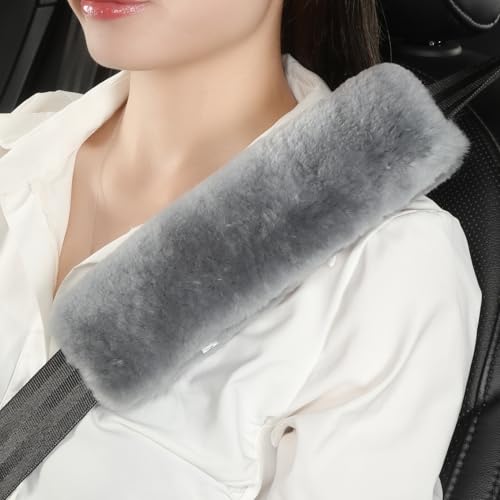 AOGELAN 2 Pack Fluffy Fuzzy Genuine Sheepskin Car Seat Belt Cover Pad, Seatbelt Cushion for Soft Auto Lambswool Shoulder Strap Cushion Adults (2, Blue Grey) - color: Blue Grey