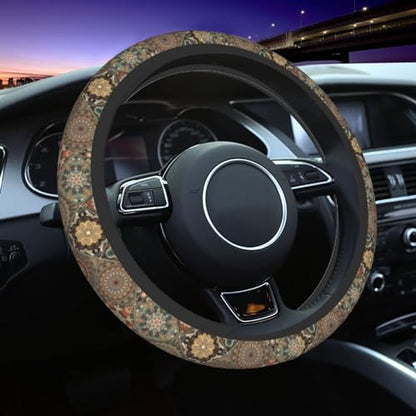 Bohemia Steering Wheel Cover with 2 Car Coasters Non Slip Neoprene for Women Men Universal 15 Inch - color: Bohemia